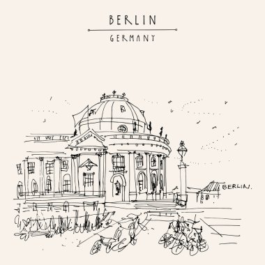Berlin, Almanya, Avrupa. Müze Adası (Museumsinsel), River Spree, Bode Müzesi. Serbest çizim. Hızlı seyahat skeci. Klasik turistik kartpostal, poster, sanatsal kitap illüstrasyonu