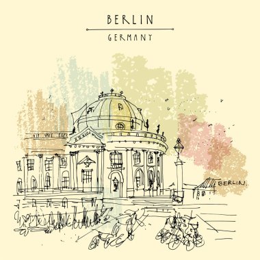 Berlin, Almanya, Avrupa. Müze Adası (Museumsinsel), River Spree, Bode Müzesi. Serbest çizim. Hızlı seyahat skeci. Klasik turistik kartpostal, poster, sanatsal kitap illüstrasyonu