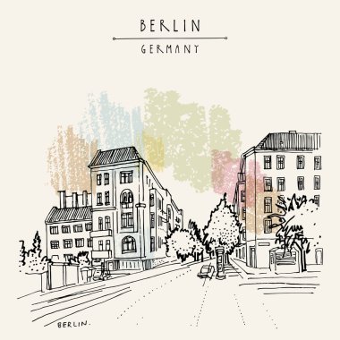 Berlin, Almanya, Avrupa. Prenzlauerberg bölgesinin serbest çizimi. Seyahat skeci. Klasik el çizimi turistik kartpostal, poster, gezi kitabı illüstrasyonu