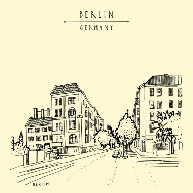 Berlin, Almanya, Avrupa. Prenzlauerberg bölgesinin serbest çizimi. Seyahat skeci. Klasik el çizimi turistik kartpostal, poster, gezi kitabı illüstrasyonu