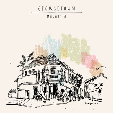 Georgetown, Penang, Malezya, Güneydoğu Asya. Konforlu koloni binası. Eski tarihi caddenin köşesindeki restoran. El çizimi. Seyahat skeci. Kitap illüstrasyonu, kartpostal veya poster