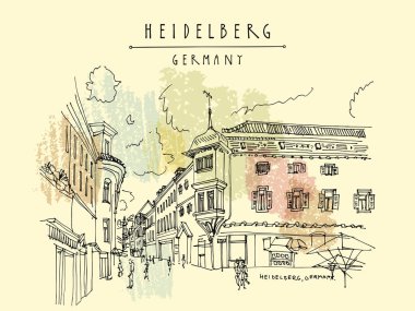 Eski kasaba Inheidelberg, Almanya, Avrupa. Kasaba meydanında kaldırım kafeleri var. Klasik cadde ve barok binaların seyahat çizimi. El yapımı kartpostal. Eps 10 vektör illüstrasyonu