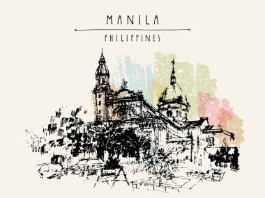 Manila Katedrali. Intramuros, Manila, Filipinler, Asya. Elle çizilmiş vintage kartpostal veya poster şablonu vektör