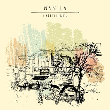 Manila, Filipinler, Asya eski kesiminde bir sokak. Elle çizilmiş vintage kartpostal veya poster şablonu vektör
