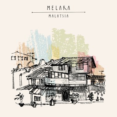 Eski tarihi evleri Melaka, Malezya Nehri üzerinde. Seyahat kroki. Vintage turistik el çekilmiş kartpostal, poster, kitap illüstrasyon vektör