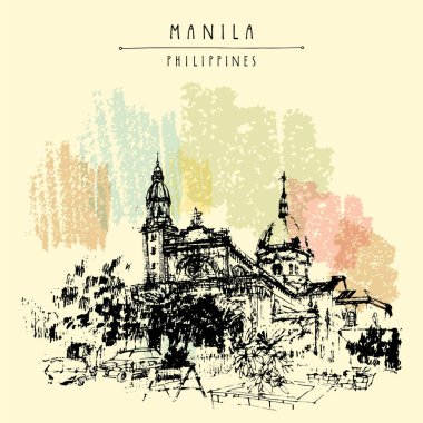 Manila Katedrali. Intramuros, Manila, Filipinler, Asya. Elle çizilmiş vintage kartpostal veya poster şablonu vektör