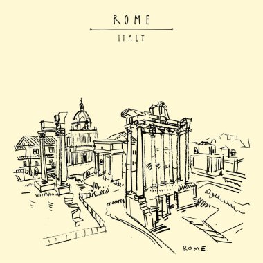 Roma, İtalya, Avrupa. Roma Forumu. Klasik seyahat eskizi, sanatsal çizimler. Retro tarzı turistik kartpostal, poster şablonu veya kitap illüstrasyonu