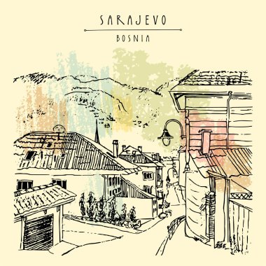 Saraybosna, Bosna, Balkanlar, Güney Avrupa. Eski Yugoslavya. Camii olan eski kasabada bir cadde. El çizimi. Seyahat skeci. Klasik turistik kartpostal, poster, broşür veya kitap illüstrasyonu