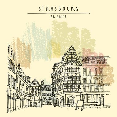 Strasbourg, Fransa, Avrupa. Eski şehirde sokak ve meydan, eski evler. Sıcak Avrupa kasabası. El çizimi. Seyahat skeci. Klasik el çizimi turistik kartpostal