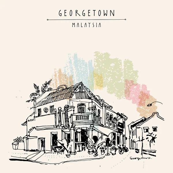 Georgetown, Penang, Malaysia, Southeast Asia. Cozy eclectic colonial building. Corner restaurant in old historical street . Hand drawing. Travel sketch. Book illustration, postcard or poster