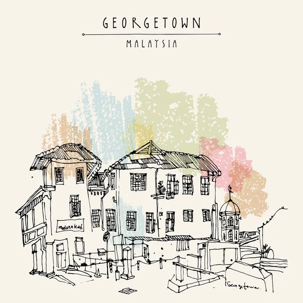 Hangulatos Gyarmati Épület Mecset Régi Történelmi Része Georgetown Penang Malajzia — Stock Vector