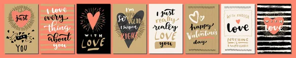 Set Van Valentijnsdag Liefde Met Hand Geletterd Moderne Kalligrafie Kaarten — Stockvector