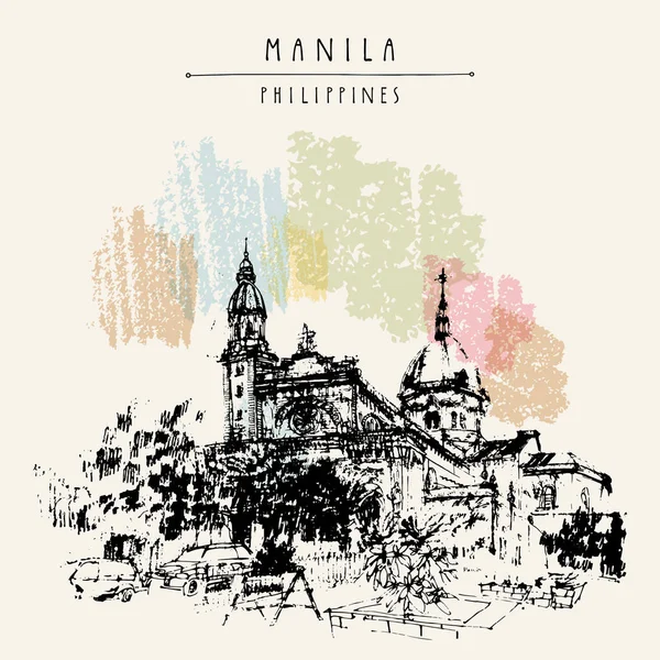 Manila Katedrali. Intramuros, Manila, Filipinler, Asya. Elle çizilmiş vintage kartpostal veya poster şablonu vektör
