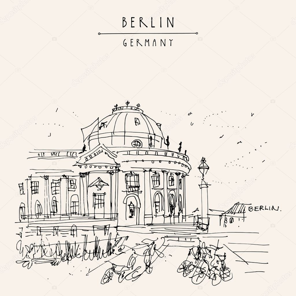 Berlin, Germany, Europe. Museum Island (Museumsinsel), river Spree, Bode Museum. Freehand drawing. Quick travel sketch. Vintage touristic postcard, poster, artistic book illustration