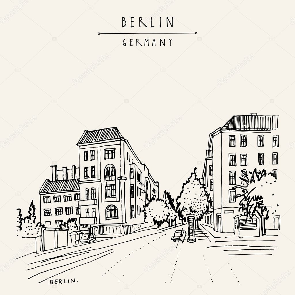 Berlin, Germany, Europe. Freehand drawing of Prenzlauerberg district. Travel sketch. Vintage hand drawn touristic postcard, poster, travel book illustration