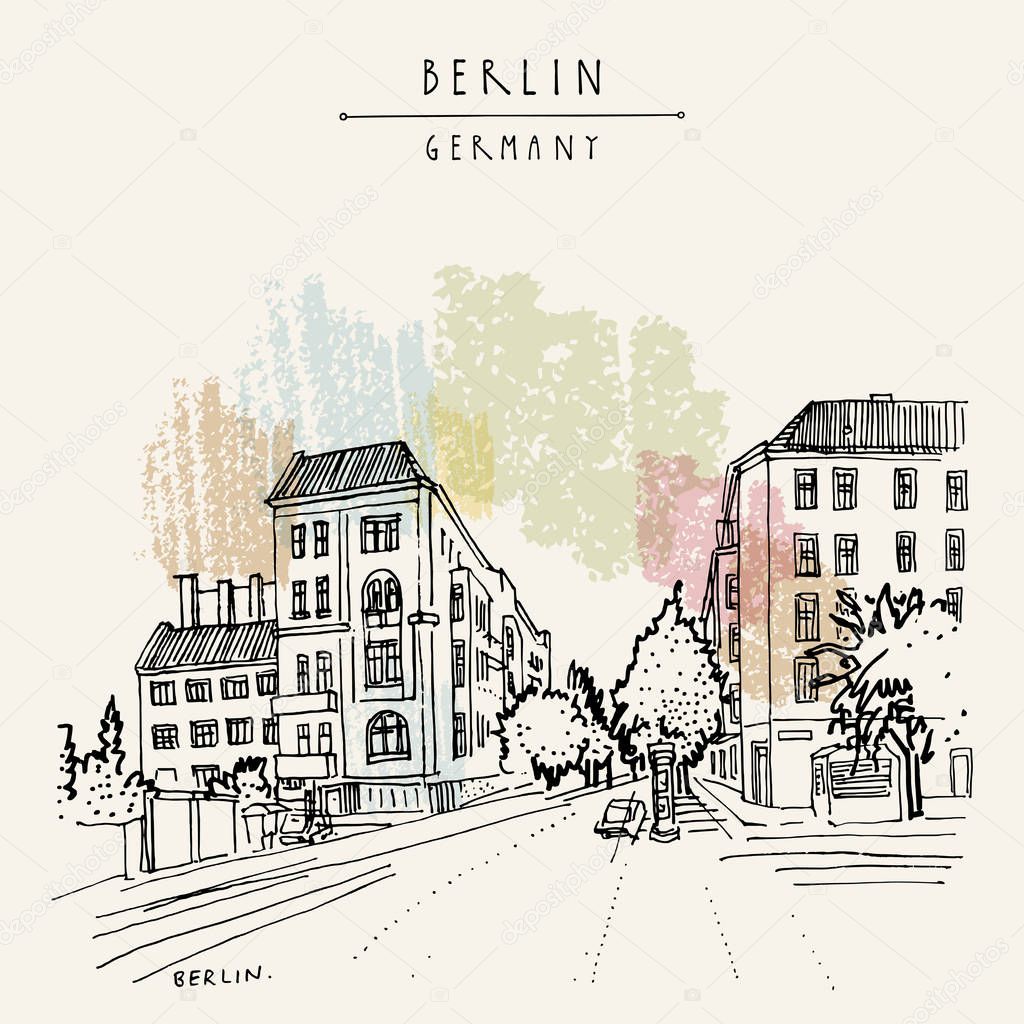 Berlin, Germany, Europe. Freehand drawing of Prenzlauerberg district. Travel sketch. Vintage hand drawn touristic postcard, poster, travel book illustration