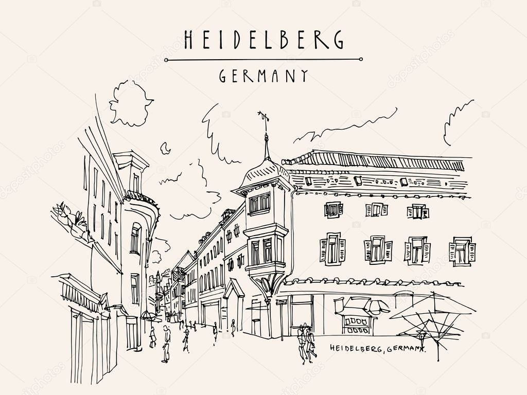 Old town inHeidelberg, Germany, Europe. Town square with side walk cafes. Travel sketch of vintage street and baroque buildings. Vintage hand drawn postcard. EPS 10 vector illustration