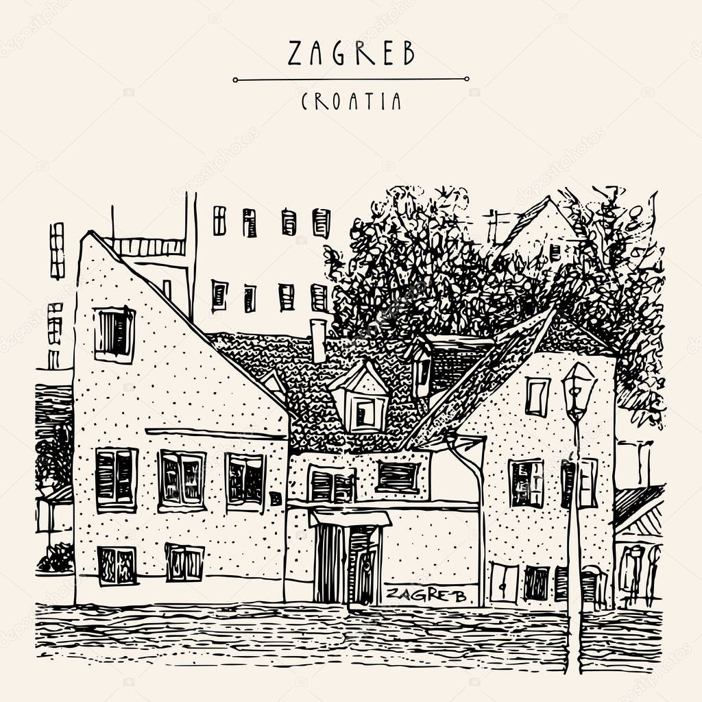 Zagreb, Croatia, Europe. Street in old town, cozy place. Former Jugoslavia travel sketch drawing. Vintage hand drawn Zagreb postcard, poster, Croatia travel book illustration