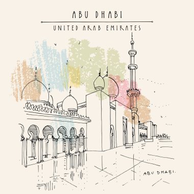 Abu Dabi, Birleşik Arap Emirlikleri. Güzel Şeyh Zayed Camii. Ramadhan geçmişi. El çizimi. Seyahat skeci. Klasik turistik kartpostal, poster, broşür veya kitap illüstrasyonu