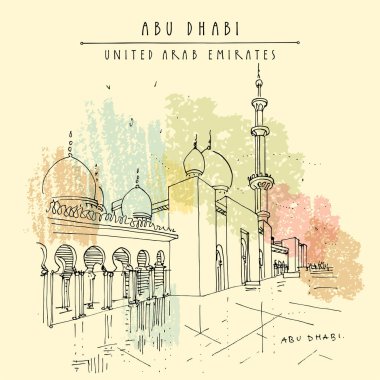 Abu Dabi, Birleşik Arap Emirlikleri. Güzel Şeyh Zayed Camii. Ramadhan geçmişi. El çizimi. Seyahat skeci. Klasik turistik kartpostal, poster, broşür veya kitap illüstrasyonu