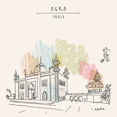 Agra, Hindistan. Tac Mahal kompleksindeki camii. Eski tarih mimarisi. Taj Mahal Mausoleum ünlü bir tarihi simgedir. El çizimi kartpostal