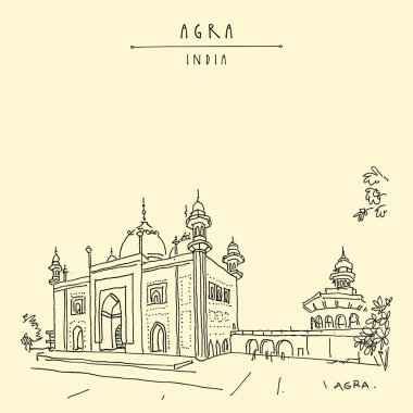 Agra, Hindistan. Tac Mahal kompleksindeki camii. Eski tarih mimarisi. Taj Mahal Mausoleum ünlü bir tarihi simgedir. El çizimi kartpostal