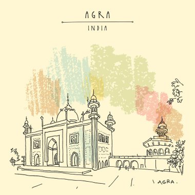 Agra, Hindistan. Tac Mahal kompleksindeki camii. Eski tarih mimarisi. Taj Mahal Mausoleum ünlü bir tarihi simgedir. El çizimi kartpostal