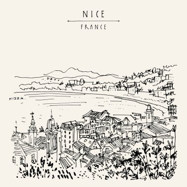 Kuzey (Nice), Fransa, Avrupa. Fransız Rivierası 'ndaki samimi Avrupa kasabası, rıhtım. Akdeniz 'de. El çizimi. Seyahat skeci. Klasik turistik kartpostal, poster ya da kitap illüstrasyonu. Eps 10 vektörü
