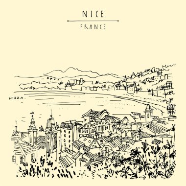 Kuzey (Nice), Fransa, Avrupa. Fransız Rivierası 'ndaki samimi Avrupa kasabası, rıhtım. Akdeniz 'de. El çizimi. Seyahat skeci. Klasik turistik kartpostal, poster ya da kitap illüstrasyonu. Eps 10 vektörü