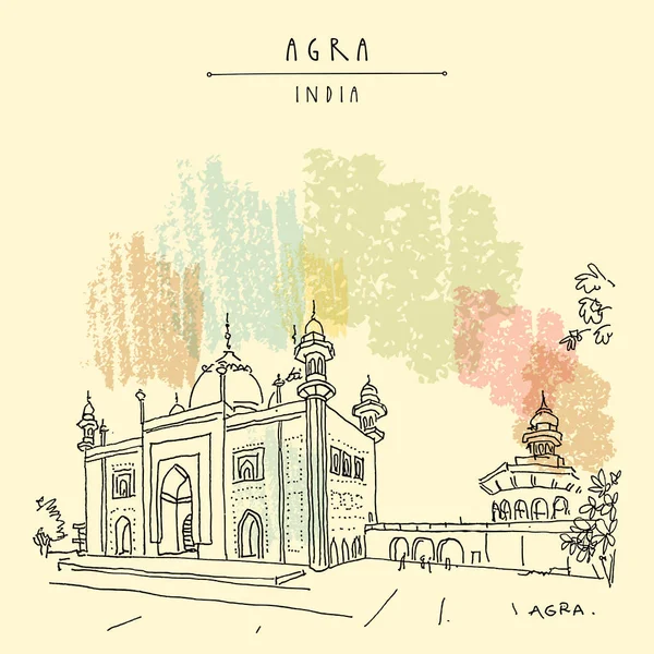 インドのアグラ タージ マハル コンプレックスのモスク 古い歴史的建造物タージ マハル廟は有名な歴史的建造物である 手書き旅行はがき — ストックベクタ