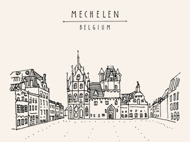 Mechelen, Belçika, Avrupa. Grote Markt 'taki belediye binasında. El çizimi bir kartpostal. Seyahat skeci. Mechelen 'in el çizimi. Antika el çizimi Belçika kartpostalı