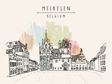 Mechelen, Belçika, Avrupa. Grote Markt 'taki belediye binasında. El çizimi bir kartpostal. Seyahat skeci. Mechelen 'in el çizimi. Antika el çizimi Belçika kartpostalı