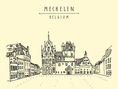 Mechelen, Belçika, Avrupa. Grote Markt 'taki belediye binasında. El çizimi bir kartpostal. Seyahat skeci. Mechelen 'in el çizimi. Antika el çizimi Belçika kartpostalı
