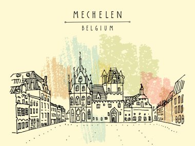Mechelen, Belçika, Avrupa. Grote Markt 'taki belediye binasında. El çizimi bir kartpostal. Seyahat skeci. Mechelen 'in el çizimi. Antika el çizimi Belçika kartpostalı