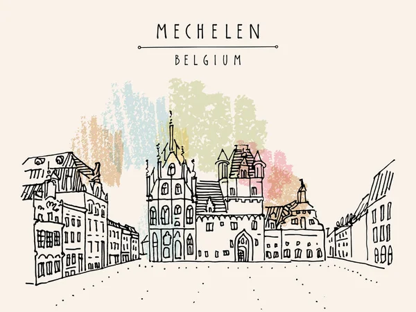 Mechelen Belgium Europe Town Hall Grote Markt Hand Drawn Travel — 스톡 벡터