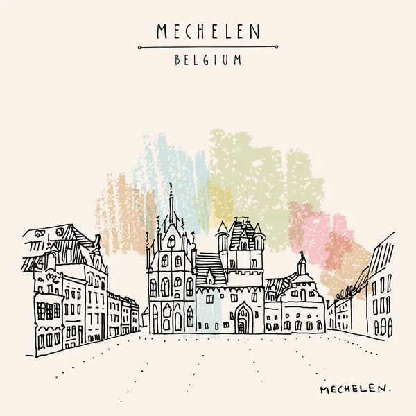 Mechelen Belgio Europa Municipio Sulla Grote Markt Cartolina Viaggio Disegnata — Vettoriale Stock