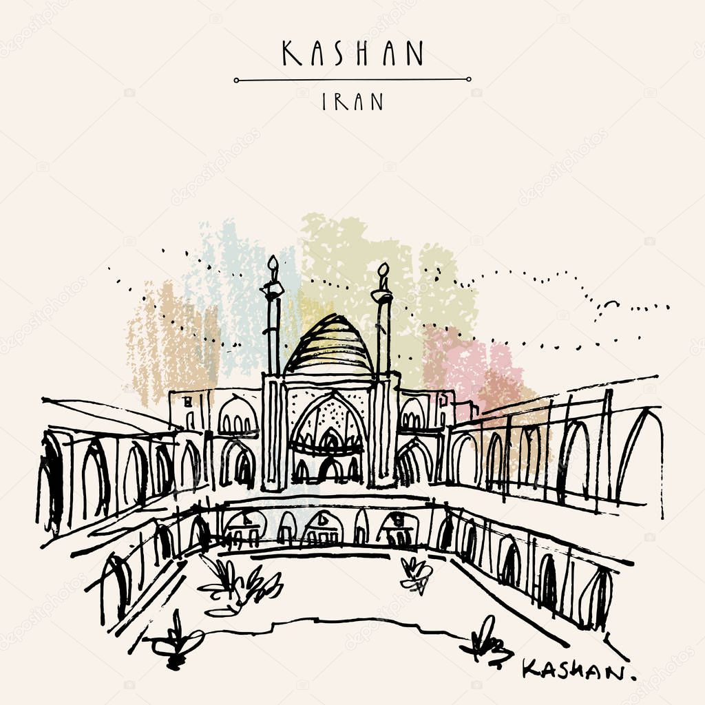 Kashhan, Iran. Agha Bozorg school and mosque. Historical mosque in Kashan, Iran. Built in the late 18th century. Travel sketch. Tourist attraction. Travel hand drawn postcard