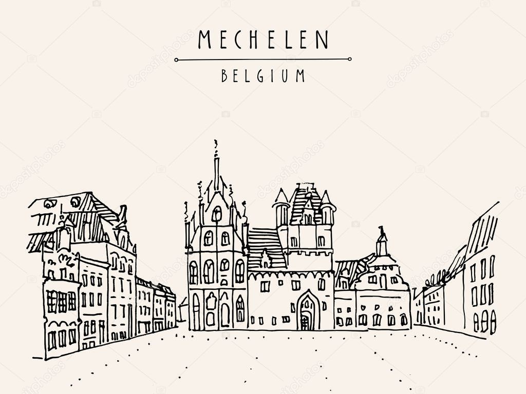 Mechelen, Belgium, Europe. Town hall  on Grote Markt. Hand drawn travel postcard. Travel sketch. Hand drawing of Mechelen. Vintage hand drawn Belgium postcard