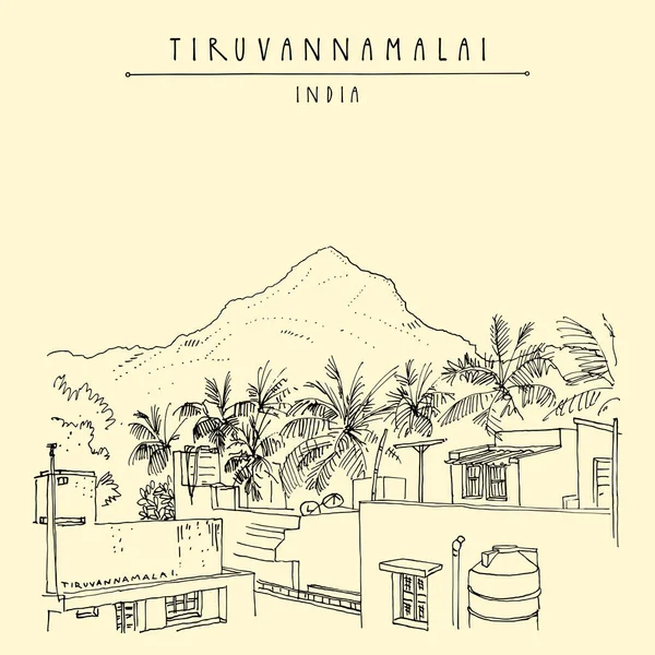 Tiruvannamalai, Tamil Nadu, sur de la India. Monte sagrado de Arunachala — Vector de stock