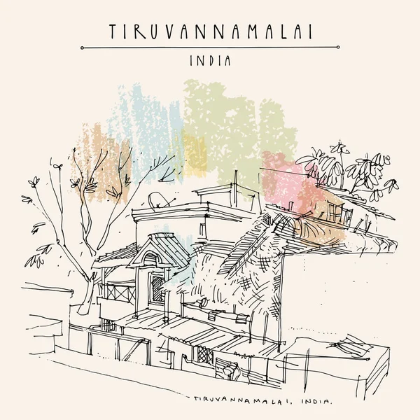 Tiruvannamalai (Tiru), Tamil Nadu, Inde du Sud. Rue, maisons a — Image vectorielle