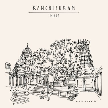 Kanchipuram (Kançi), Tamil Nadu, Hindistan. Ekambeshwarar (Ekambaranatha) Tapınağı. Tapınağın arkasındaki 3500 yıllık Mango ağacı. Seyahat çizimi. El yapımı turistik kartpostal, poster