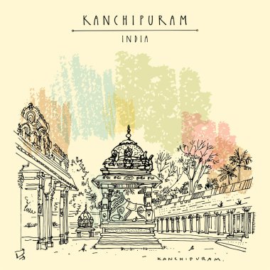 Kanchipuram (Kançi), Tamil Nadu, Güney Hindistan. Ekambeshwarar (Ekambaranatha) Tapınağı. Hindu dini kutsal mekanı. Seyahat çizimi. El yapımı turistik kartpostal, poster
