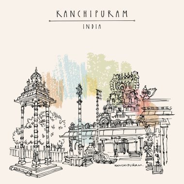 Kanchipuram (Kançi), Tamil Nadu, Güney Hindistan. Varadaraja Perumal Tapınağı (Hastagiri, Attiyuran). Hindu dini kutsal mekanı. Seyahat çizimi. El yapımı turistik kartpostal, poster