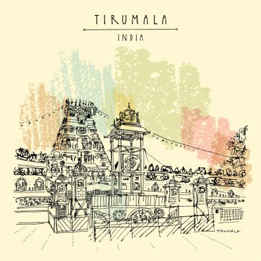 Venkateswara Tapınağı, Tirumala, Andhra Pradesh, Güney Hindistan. Seyahat skeci. Eski el çizilmiş kartpostal