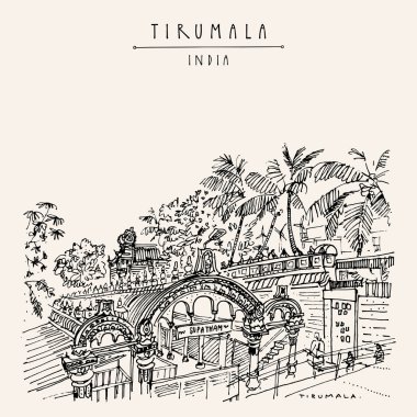 Venkateswara Tapınağı, Tirumala, Andhra Pradesh, Güney Hindistan. Akşam yemeği, akşam yemeği ve salkımlı hurma ağaçları. Seyahat skeci. Eski el çizilmiş kartpostal
