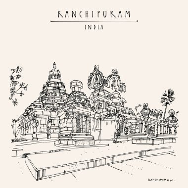 Kanchipuram (Kançi), Tamil Nadu, Güney Hindistan. Kailasanathar Tapınağı. Hindu dini kutsal mekanı. Seyahat çizimi. El yapımı turistik kartpostal, poster