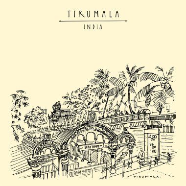 Venkateswara Tapınağı, Tirumala, Andhra Pradesh, Güney Hindistan. Akşam yemeği, akşam yemeği ve salkımlı hurma ağaçları. Seyahat skeci. Eski el çizilmiş kartpostal
