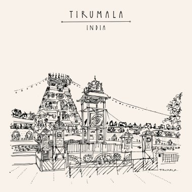 Venkateswara Tapınağı, Tirumala, Andhra Pradesh, Güney Hindistan. Seyahat skeci. Eski el çizilmiş kartpostal
