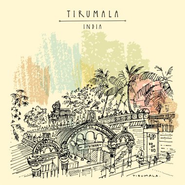 Venkateswara Tapınağı, Tirumala, Andhra Pradesh, Güney Hindistan. Akşam yemeği, akşam yemeği ve salkımlı hurma ağaçları. Seyahat skeci. Eski el çizilmiş kartpostal