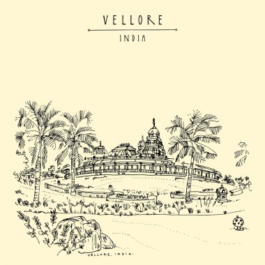 Vellore, Tamil Nadu, Güney Hindistan. Hindu Sri Lakshmi Narayani Tapınağı. Sripuram ruhani parkındaki Altın Tapınak Vellore kompleksi. Güzel bahçe. Seyahat skeci. Eski el çizilmiş kartpostal
